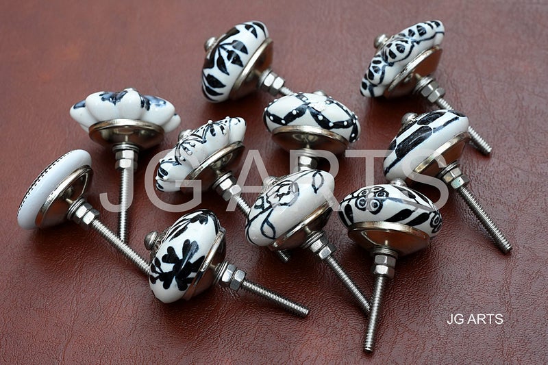 JGARTS Set of 20 Assorted Vintage Black and White Hand Painted Ceramic Pumpkin and Round Knobs Cabinet Drawer Handles Pulls (20) - Image 2